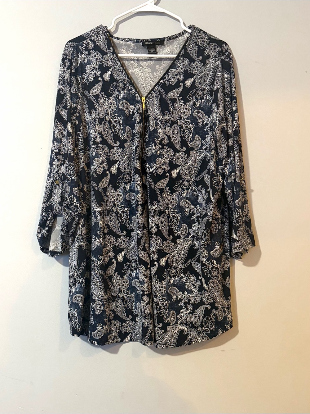 Robert Louis Navy Paisley Zip-Front Blouse